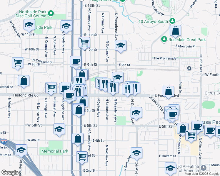 map of restaurants, bars, coffee shops, grocery stores, and more near 437 East Foothill Boulevard in Azusa