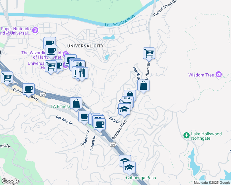 map of restaurants, bars, coffee shops, grocery stores, and more near 3387 Blair Drive in Los Angeles