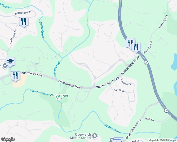 map of restaurants, bars, coffee shops, grocery stores, and more near 1045 Windermere Crossing in Cumming