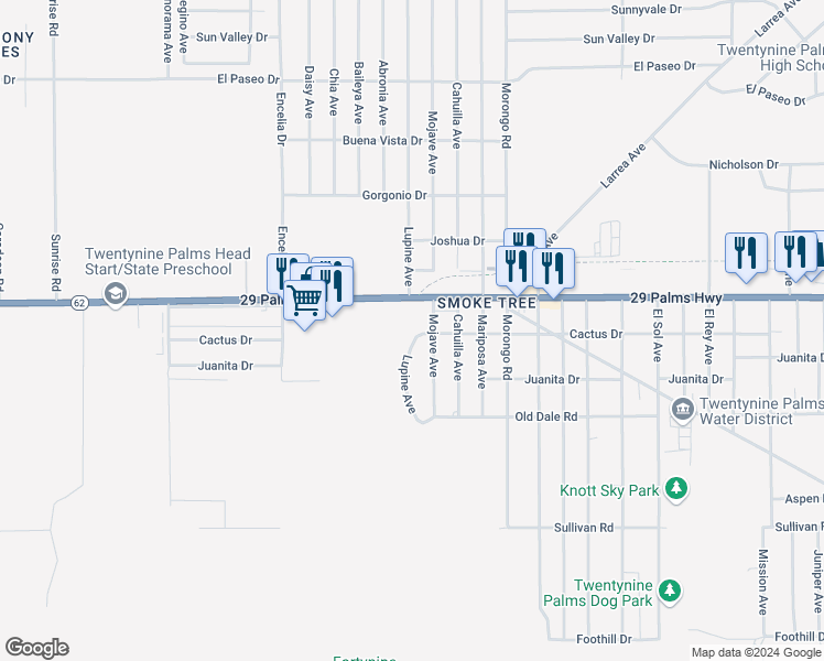 map of restaurants, bars, coffee shops, grocery stores, and more near 6556 Lupine Avenue in Twentynine Palms