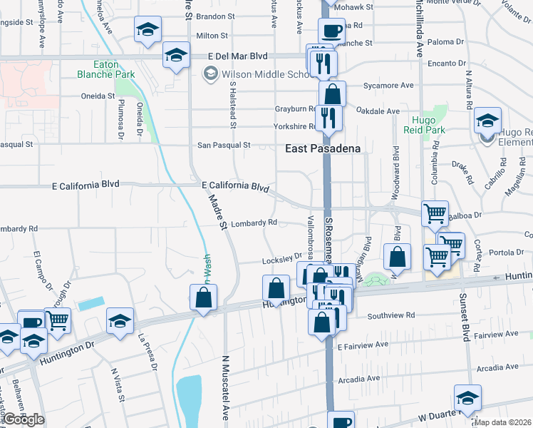 map of restaurants, bars, coffee shops, grocery stores, and more near 3569 Lombardy Road in Pasadena