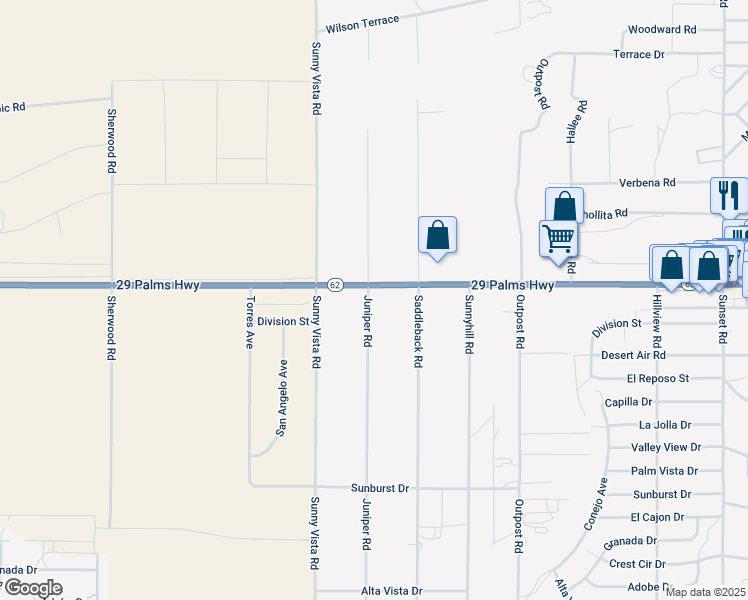 map of restaurants, bars, coffee shops, grocery stores, and more near 61010 Twentynine Palms Highway in Joshua Tree