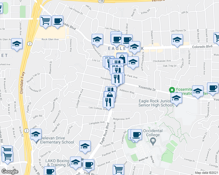 map of restaurants, bars, coffee shops, grocery stores, and more near 2226 Addison Way in Los Angeles