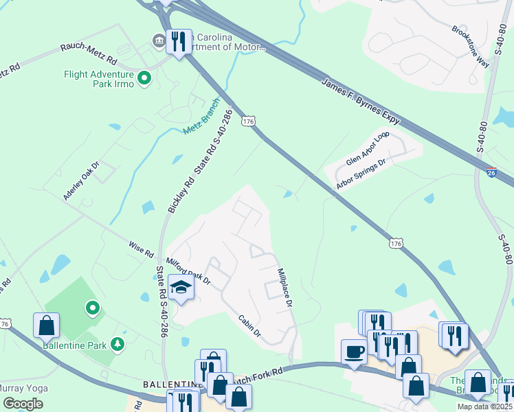 map of restaurants, bars, coffee shops, grocery stores, and more near 2 Woodhouse Court in Irmo