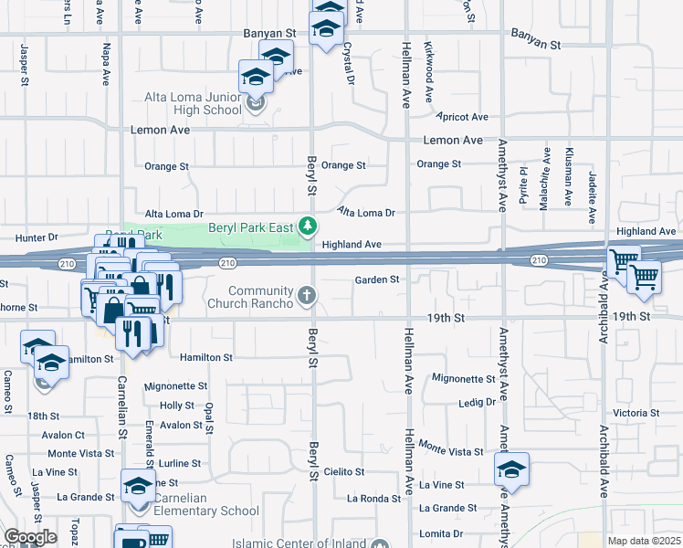 map of restaurants, bars, coffee shops, grocery stores, and more near 9160 Garden Street in Rancho Cucamonga