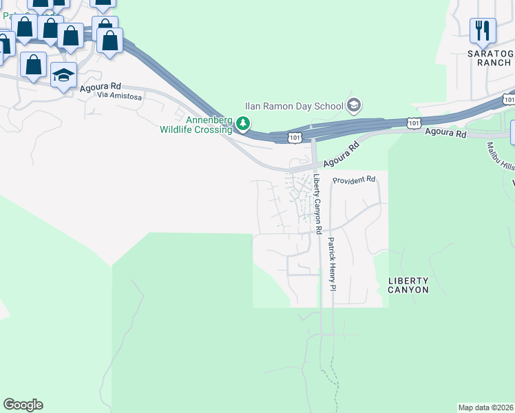 map of restaurants, bars, coffee shops, grocery stores, and more near Defender Drive in Agoura Hills