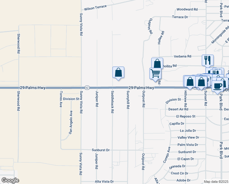 map of restaurants, bars, coffee shops, grocery stores, and more near 6538 Saddleback Road in Joshua Tree