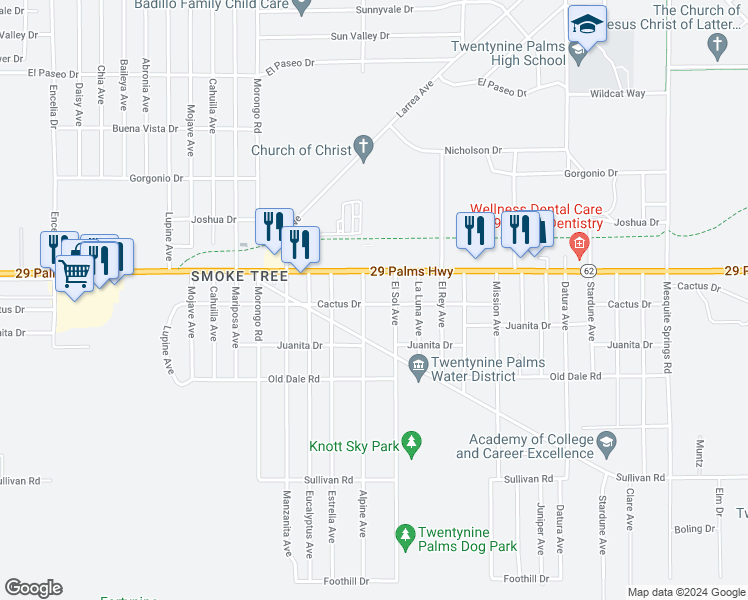 map of restaurants, bars, coffee shops, grocery stores, and more near 72318 Cactus Drive in Twentynine Palms