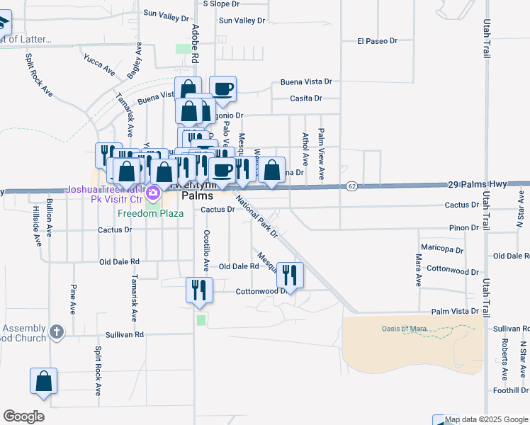 map of restaurants, bars, coffee shops, grocery stores, and more near 6615 National Park Drive in Twentynine Palms