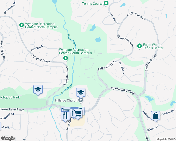 map of restaurants, bars, coffee shops, grocery stores, and more near 302 Valley Green Court in Woodstock