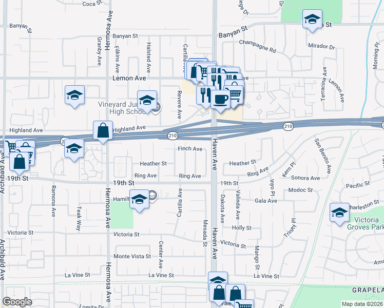 map of restaurants, bars, coffee shops, grocery stores, and more near 6592 Marine Avenue in Rancho Cucamonga