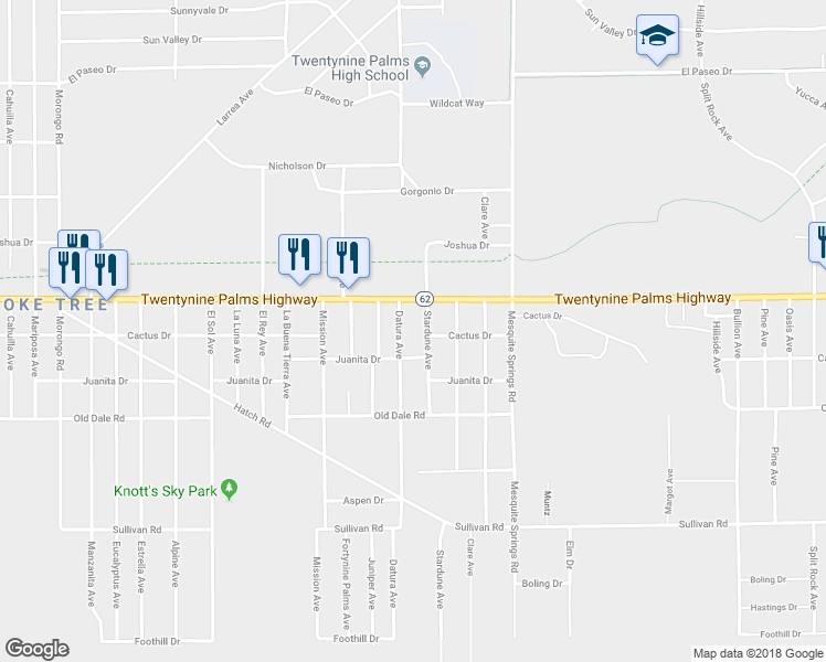 map of restaurants, bars, coffee shops, grocery stores, and more near 72725 Twentynine Palms Highway in Twentynine Palms