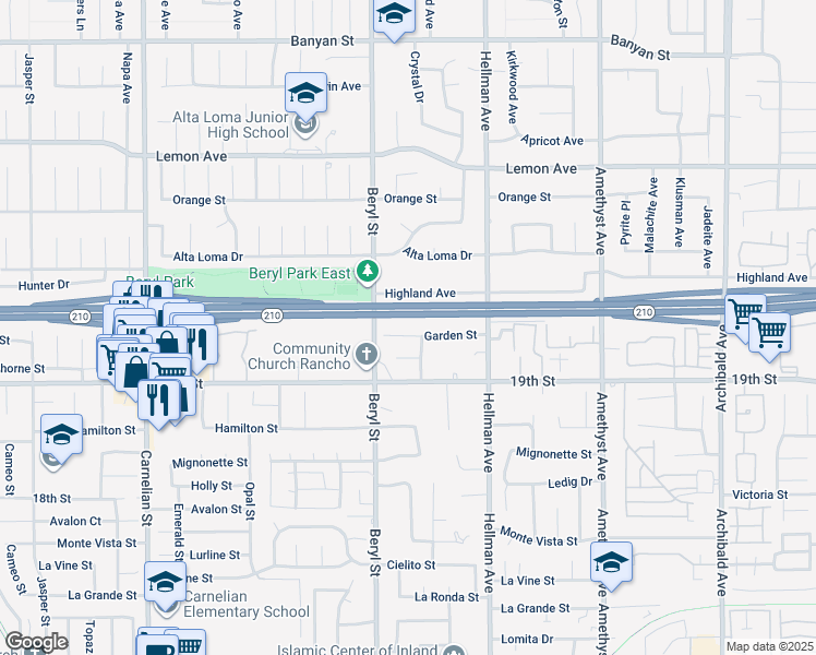 map of restaurants, bars, coffee shops, grocery stores, and more near 9160 Garden Street in Rancho Cucamonga