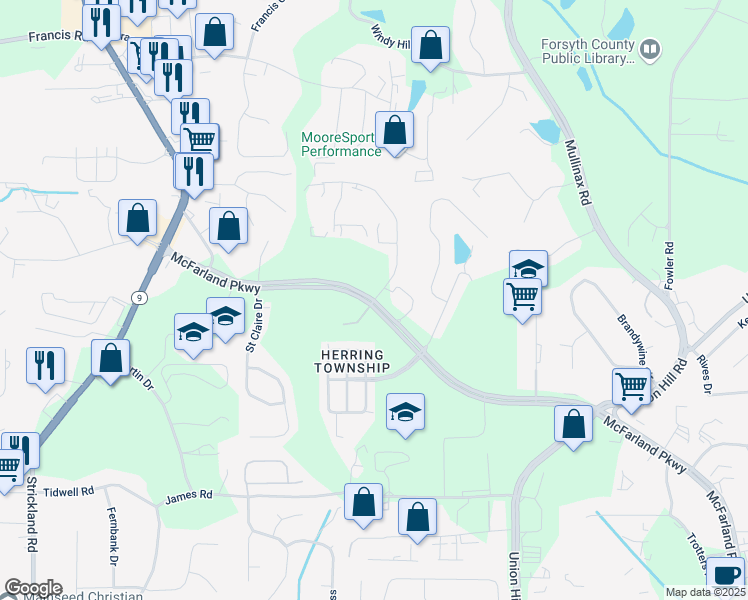 map of restaurants, bars, coffee shops, grocery stores, and more near in Forsyth County