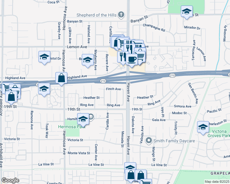map of restaurants, bars, coffee shops, grocery stores, and more near 6592 Marine Avenue in Rancho Cucamonga