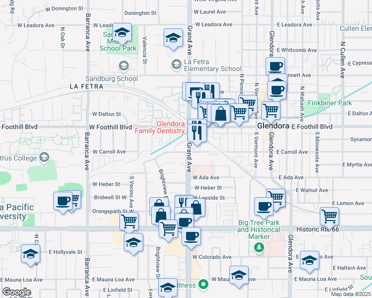 map of restaurants, bars, coffee shops, grocery stores, and more near 603 West Lochleven Street in Glendora