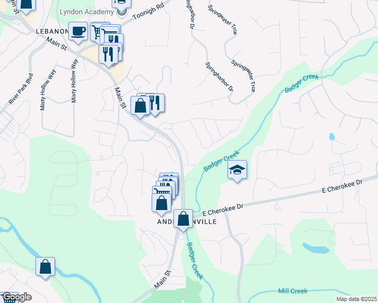 map of restaurants, bars, coffee shops, grocery stores, and more near 257 Stone Park Drive in Woodstock