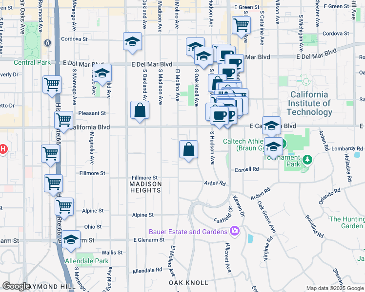 map of restaurants, bars, coffee shops, grocery stores, and more near 662 South El Molino Avenue in Pasadena
