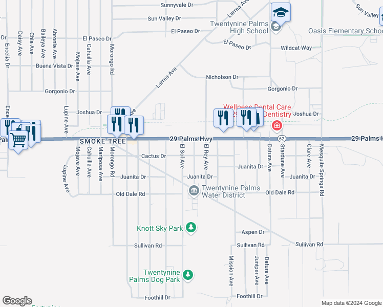 map of restaurants, bars, coffee shops, grocery stores, and more near 6571 El Sol Avenue in Twentynine Palms