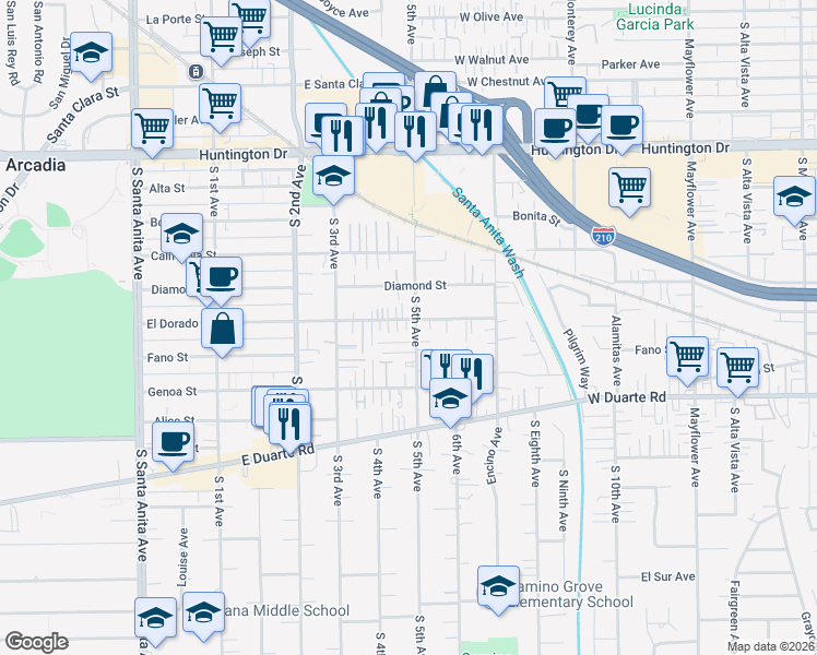 map of restaurants, bars, coffee shops, grocery stores, and more near 1620 Fifth Avenue in Monrovia