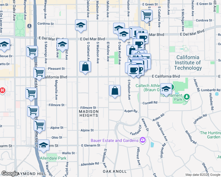 map of restaurants, bars, coffee shops, grocery stores, and more near 662 South El Molino Avenue in Pasadena