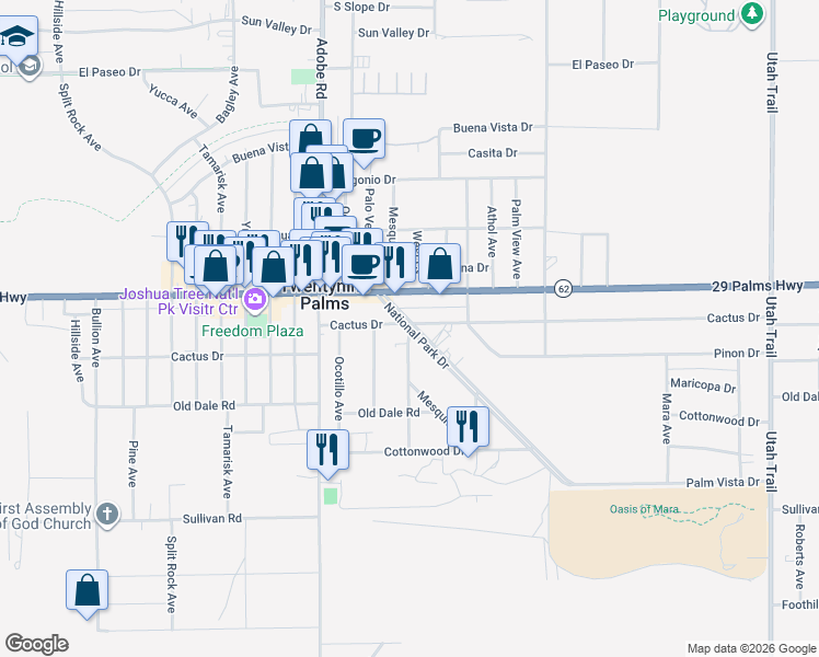 map of restaurants, bars, coffee shops, grocery stores, and more near Mesquite Avenue in Twentynine Palms