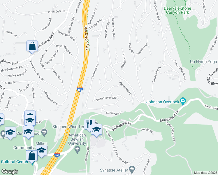 map of restaurants, bars, coffee shops, grocery stores, and more near 15355 Stonewood Terrace in Los Angeles