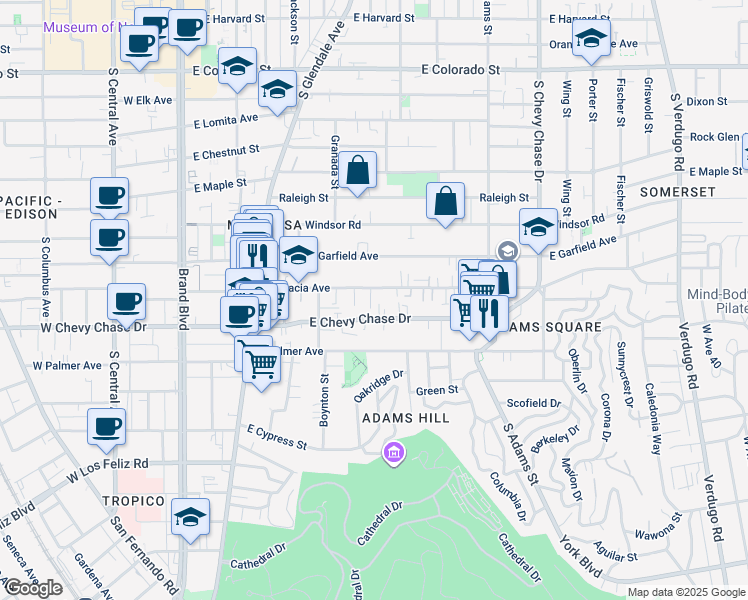 map of restaurants, bars, coffee shops, grocery stores, and more near 630 East Acacia Avenue in Glendale