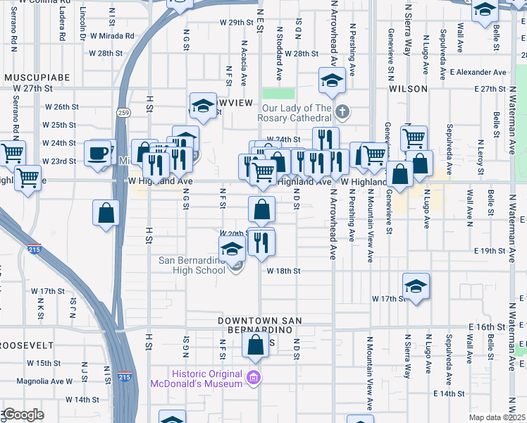 map of restaurants, bars, coffee shops, grocery stores, and more near 496 West 20th Street in San Bernardino