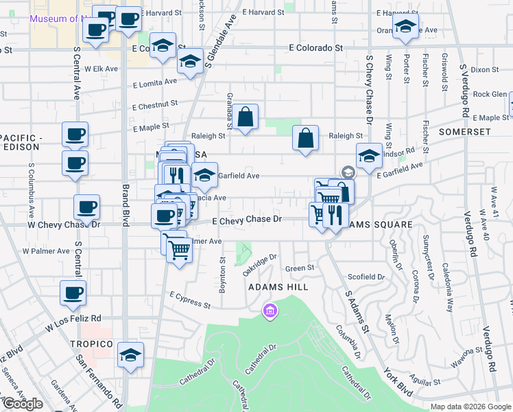 map of restaurants, bars, coffee shops, grocery stores, and more near 630 East Acacia Avenue in Glendale
