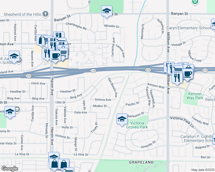 map of restaurants, bars, coffee shops, grocery stores, and more near 6619 Ventura Place in Rancho Cucamonga