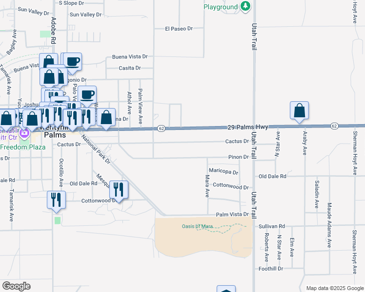 map of restaurants, bars, coffee shops, grocery stores, and more near 74209 Cactus Drive in Twentynine Palms