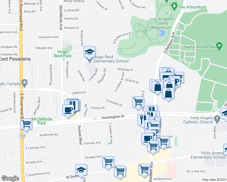 map of restaurants, bars, coffee shops, grocery stores, and more near 901 Balboa Drive in Arcadia