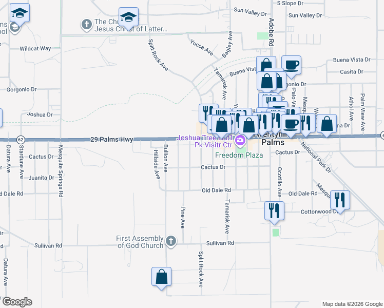 map of restaurants, bars, coffee shops, grocery stores, and more near 6563 Oasis Avenue in Twentynine Palms