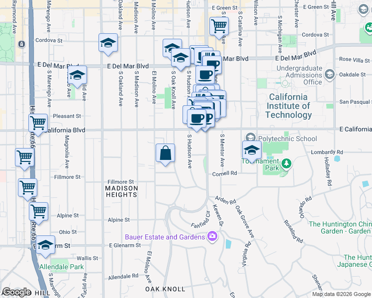 map of restaurants, bars, coffee shops, grocery stores, and more near 655 South Hudson Avenue in Pasadena