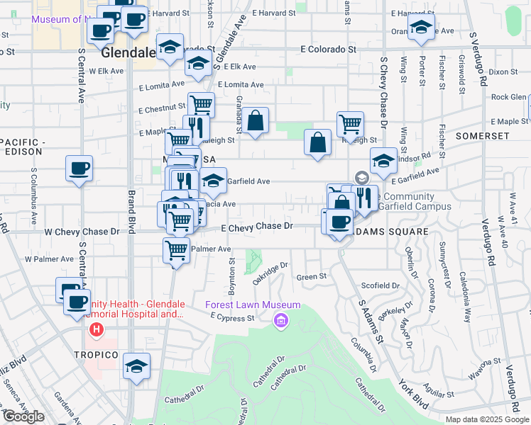 map of restaurants, bars, coffee shops, grocery stores, and more near 630 East Acacia Avenue in Glendale