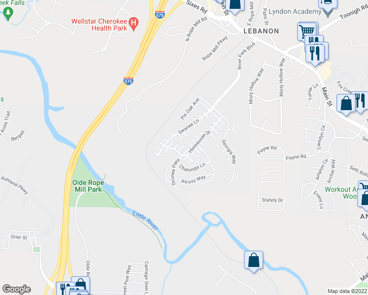 map of restaurants, bars, coffee shops, grocery stores, and more near 294 Hiawassee Drive in Woodstock