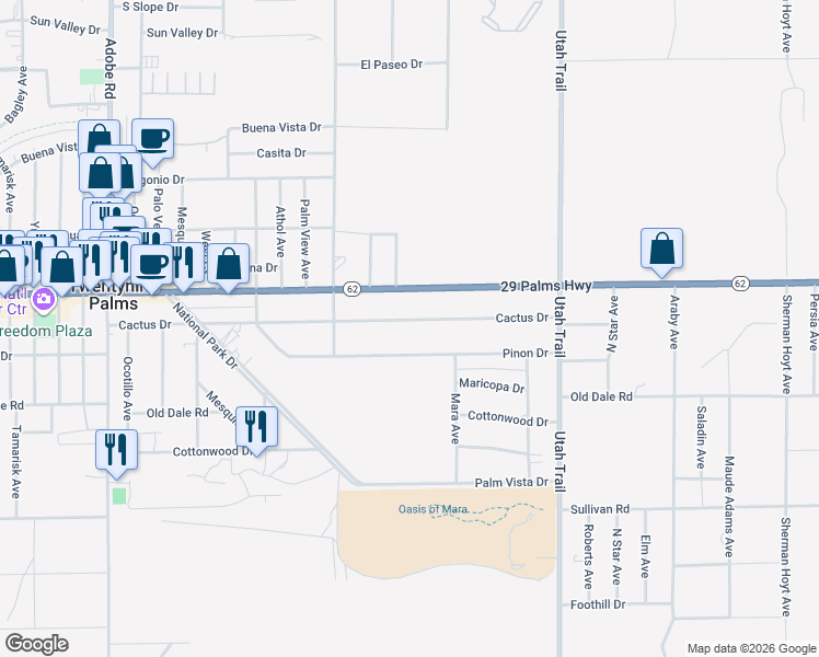map of restaurants, bars, coffee shops, grocery stores, and more near 2 Cactus Drive in Twentynine Palms