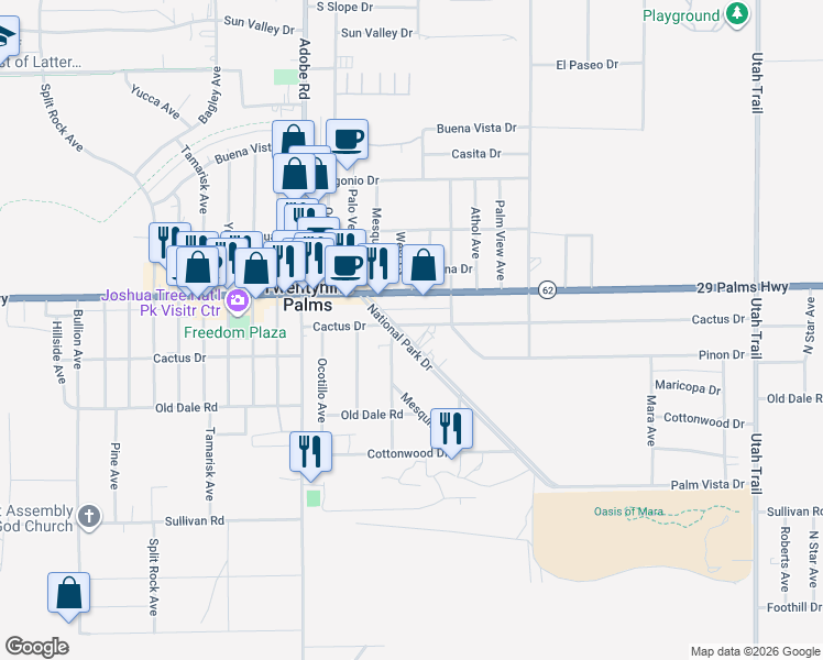 map of restaurants, bars, coffee shops, grocery stores, and more near 6615 National Park Drive in Twentynine Palms