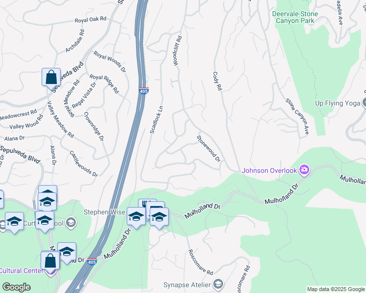 map of restaurants, bars, coffee shops, grocery stores, and more near 15355 Stonewood Terrace in Los Angeles