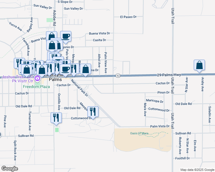 map of restaurants, bars, coffee shops, grocery stores, and more near 74077 Cactus Drive in Twentynine Palms