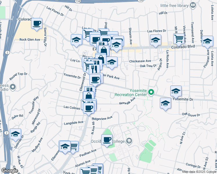 map of restaurants, bars, coffee shops, grocery stores, and more near 2106 Yosemite Drive in Los Angeles