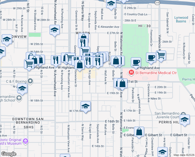 map of restaurants, bars, coffee shops, grocery stores, and more near 2121 Sepulveda Avenue in San Bernardino