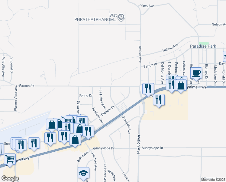 map of restaurants, bars, coffee shops, grocery stores, and more near 6531 Prescott Avenue in Yucca Valley