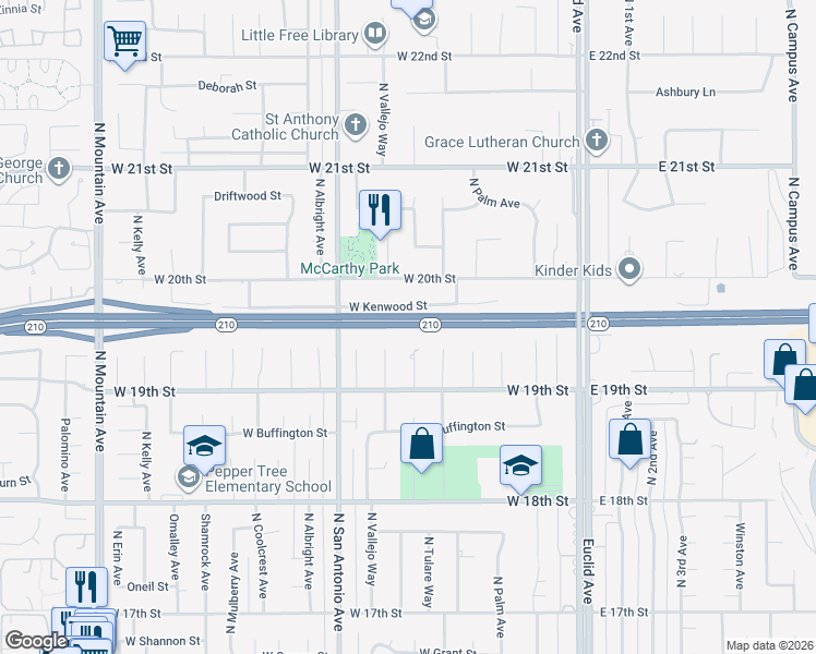 map of restaurants, bars, coffee shops, grocery stores, and more near Foothill Freeway in Upland