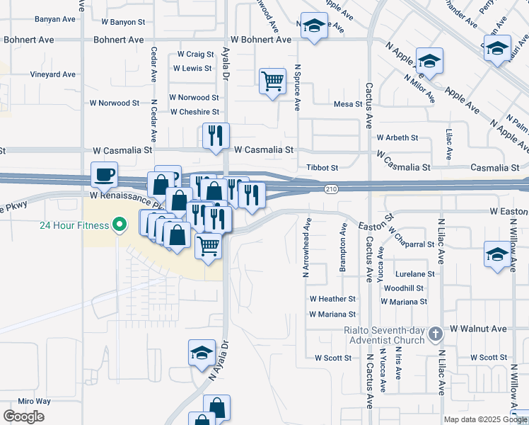 map of restaurants, bars, coffee shops, grocery stores, and more near 1020 West Renaissance Parkway in Rialto