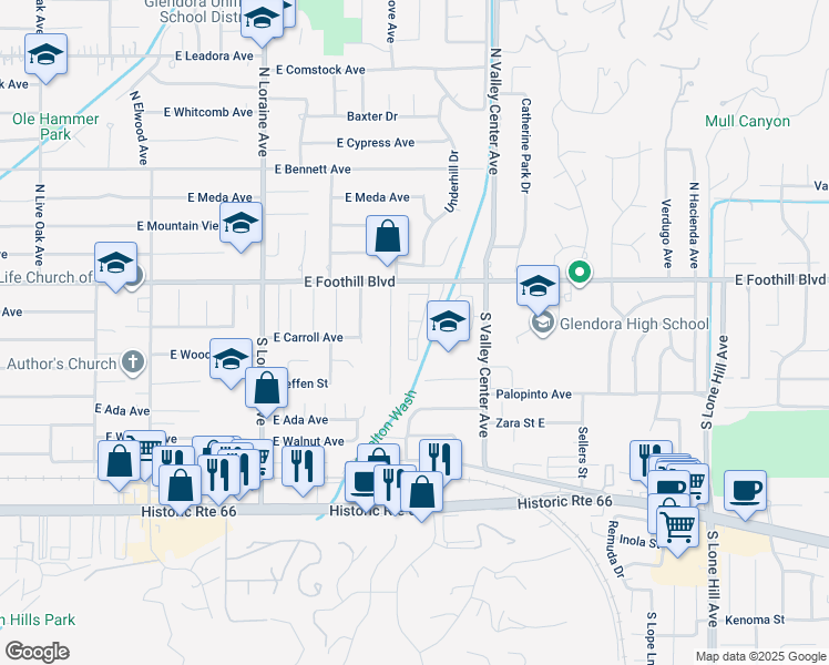 map of restaurants, bars, coffee shops, grocery stores, and more near 1330 East Foothill Boulevard in Glendora