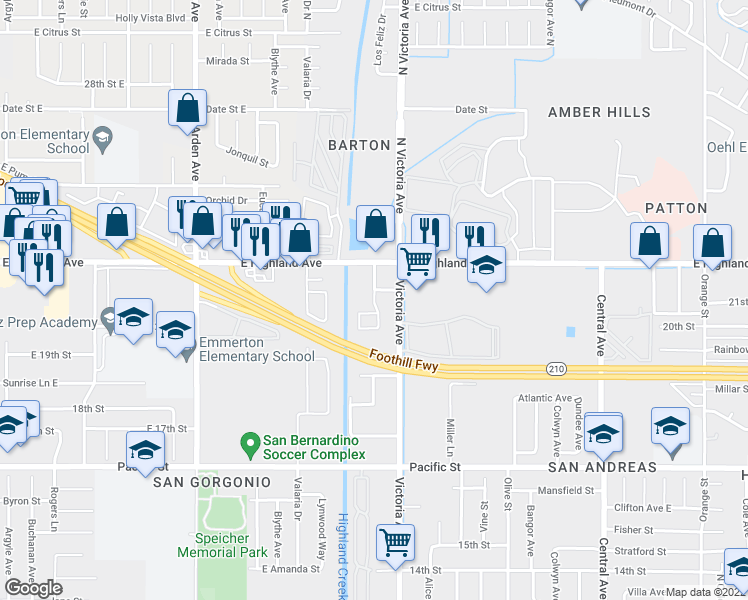 map of restaurants, bars, coffee shops, grocery stores, and more near 6669 Robinson Road in Highland