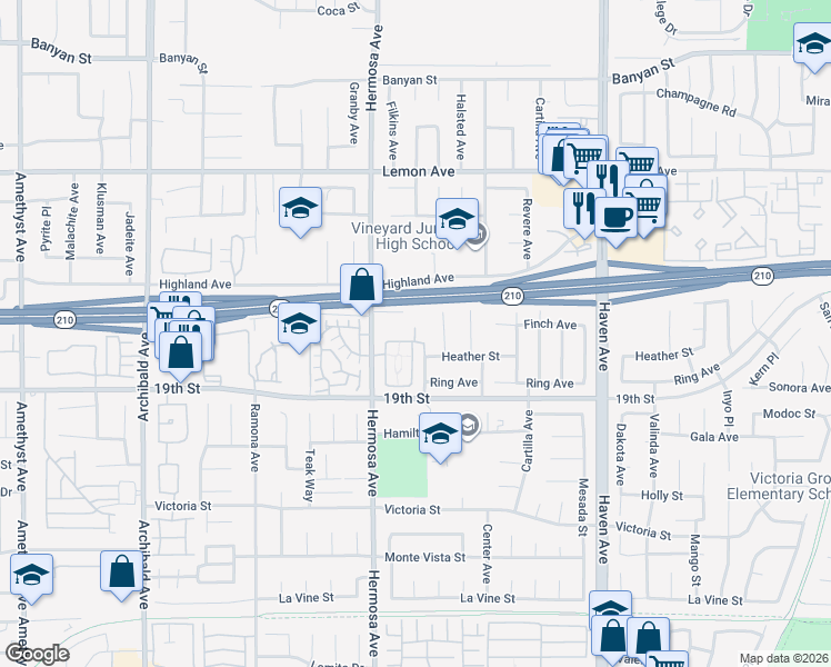 map of restaurants, bars, coffee shops, grocery stores, and more near 6644 Brissac Place in Rancho Cucamonga