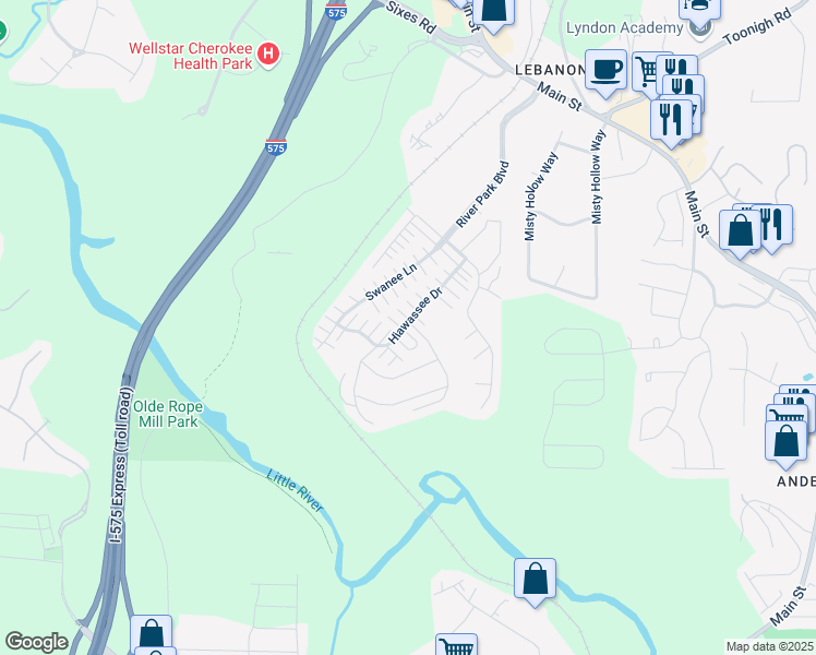 map of restaurants, bars, coffee shops, grocery stores, and more near 287 Hiawassee Drive in Woodstock